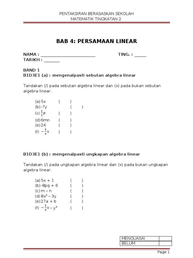 Ungkapan Algebra Linear Kuiz Ungkapan Algebra Worksheet