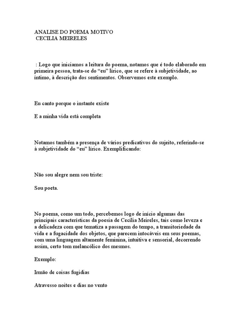 Analise Do Poema Motivo Doc Poesia Rima