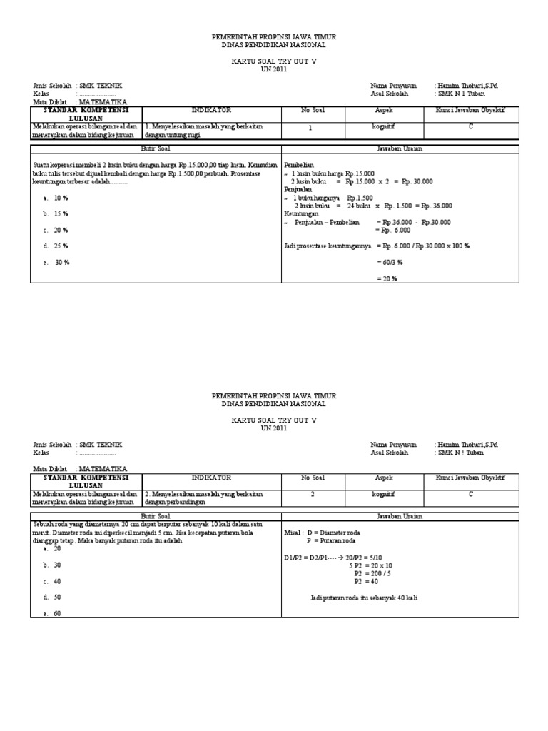 Kartu Soal Tryout Mat Smk Tuban