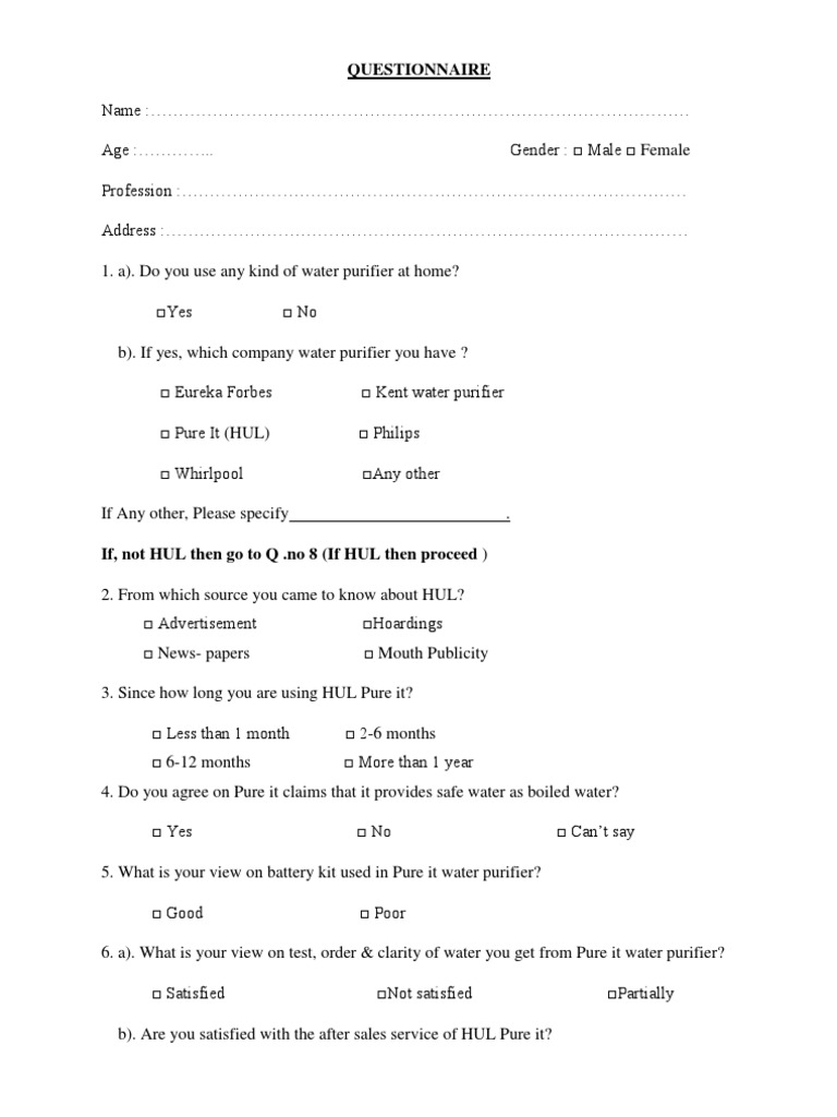 HUL Pure It User Satisfaction Survey | PDF