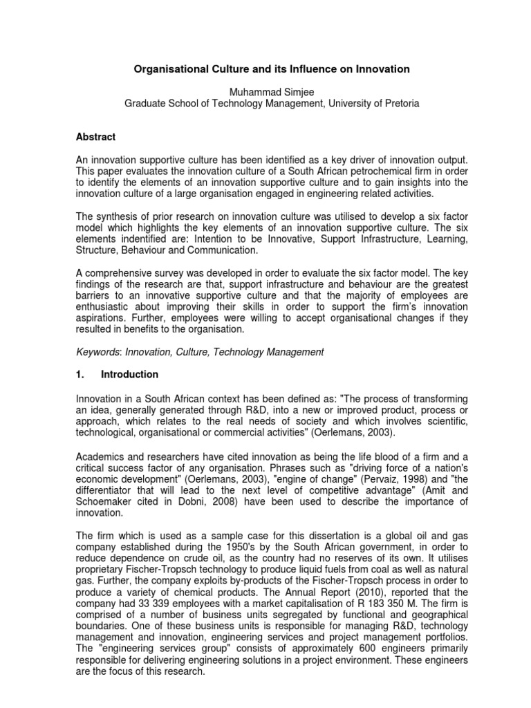 Innovation Culture in South African Firms | PDF | Organizational ...