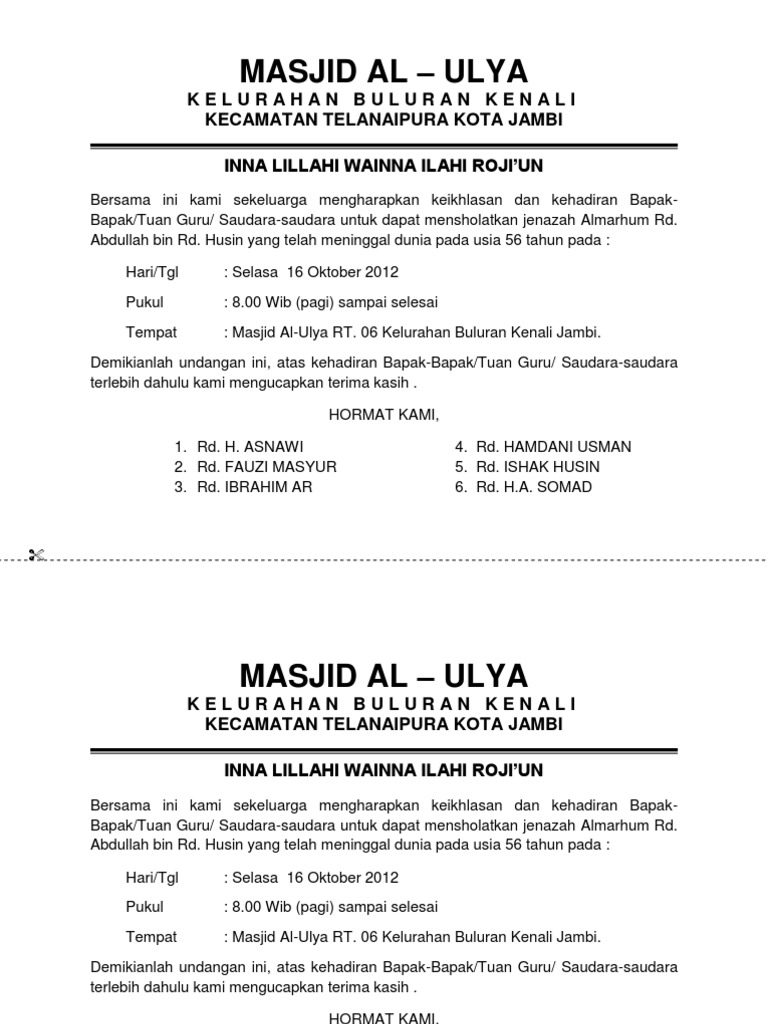 Contoh Undangan Sholat Jenazah Guru Paud