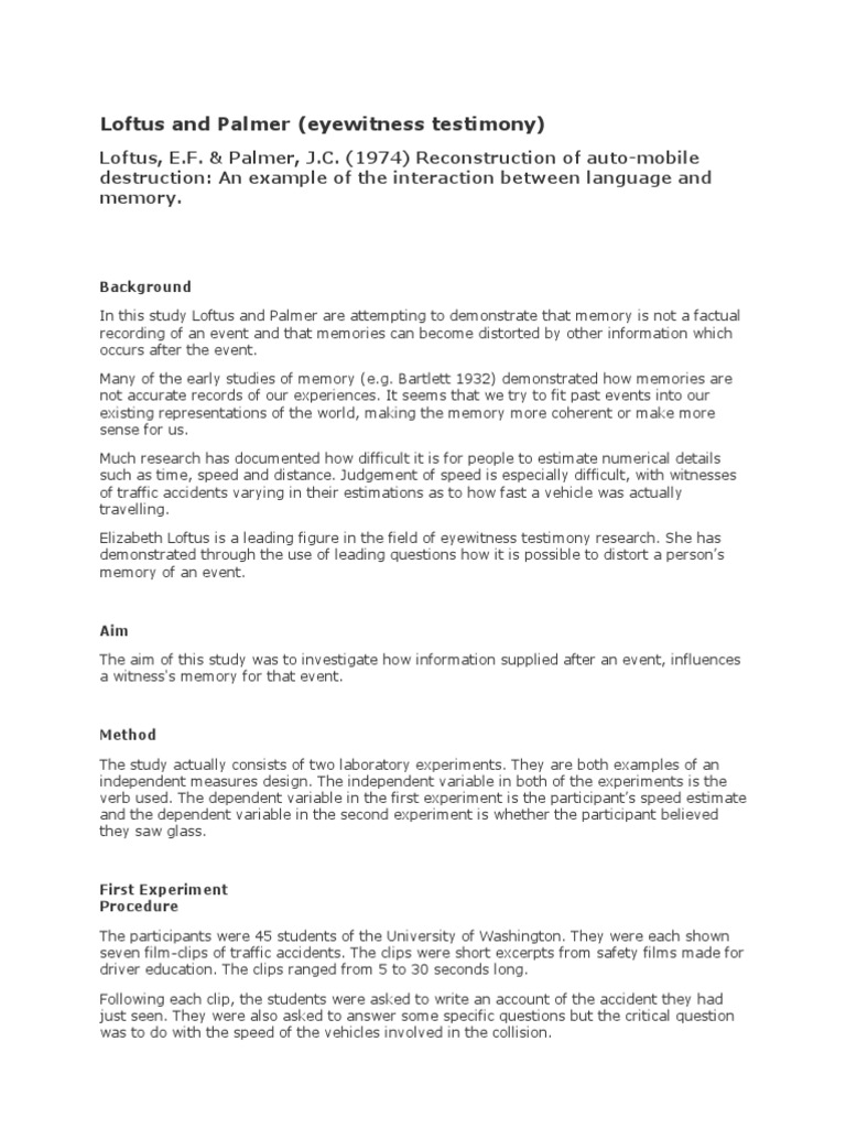 Loftus and Palmer Study PDF Experiment Memory