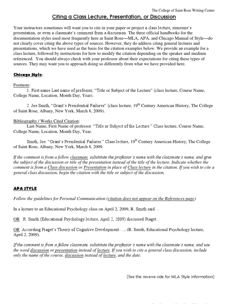 Citing A Class Lecture1 1 Citation Academia