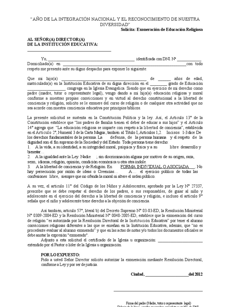 Modelo de Solicitud de Exoneracion Del Curso de Religion 