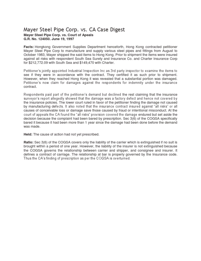 Mayer Steel Pipe Corp. vs. CA Case Summary | PDF | Finance & Money ...