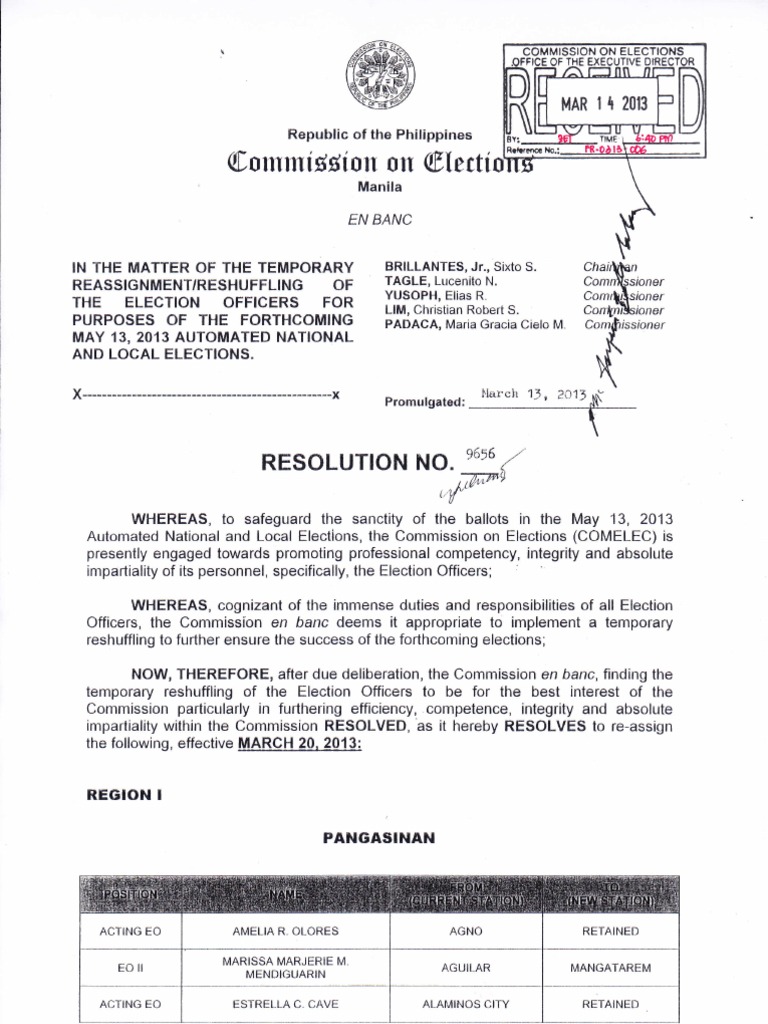 COMELEC Res No 9656 Temporary Reassignment Reshuffling of The Election ...