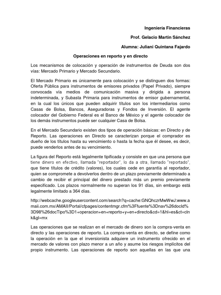 Operaciones de Reporto y Directo en Finanzas | PDF | Bancos | Bolsa