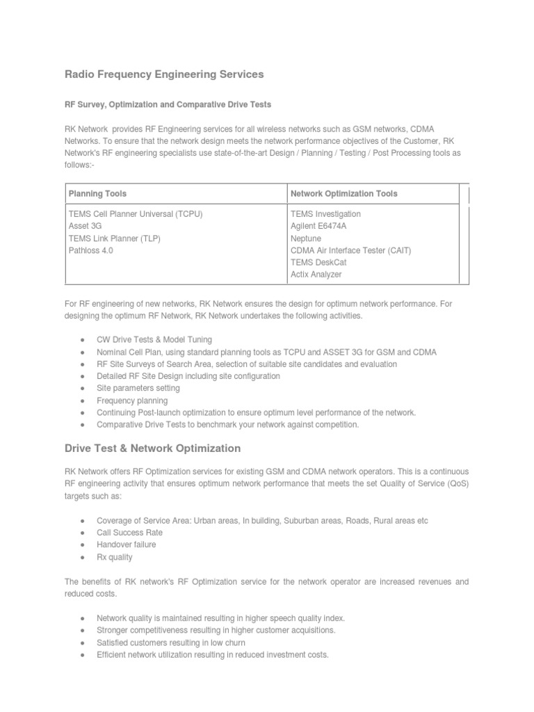 Radio Frequency Engineering Services: RF Survey, Optimization and ...