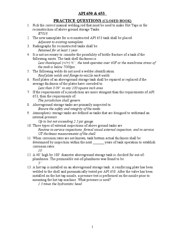 API 650 & 653 Practice Questions | PDF | Welding | Construction