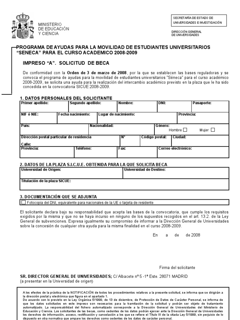 MODELO Impreso de Solicitud Beca Séneca Modelo 2008-2009 en Word | PDF ...