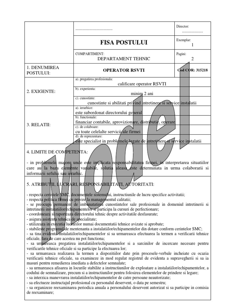 Fisa Post Operator RSVTI | PDF