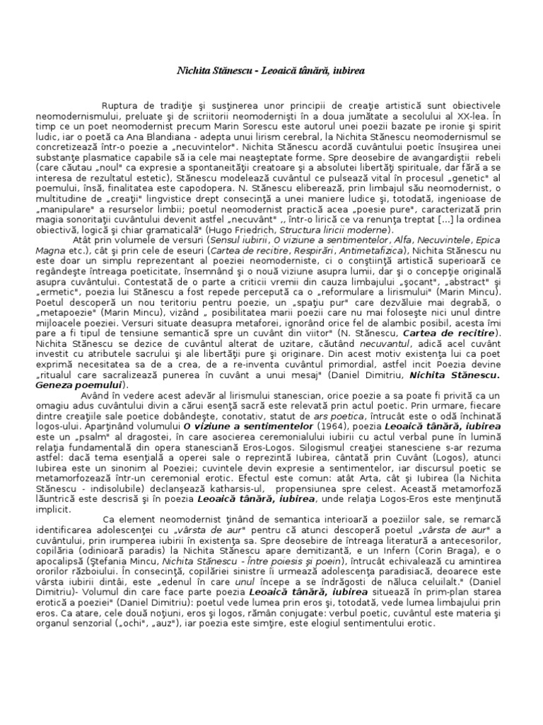 Nichita Stanescu Leoaica Tanara Iubirea