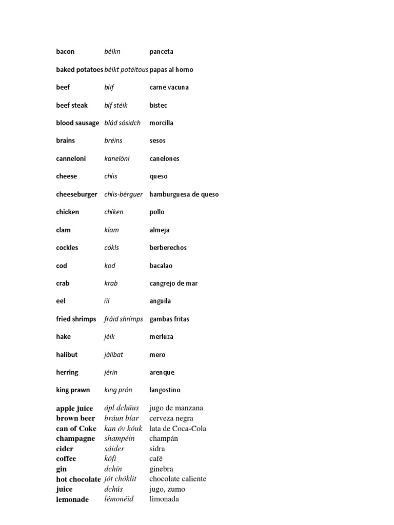 Bilingual Food and Drink Glossary | PDF | Cooking, Food & Wine