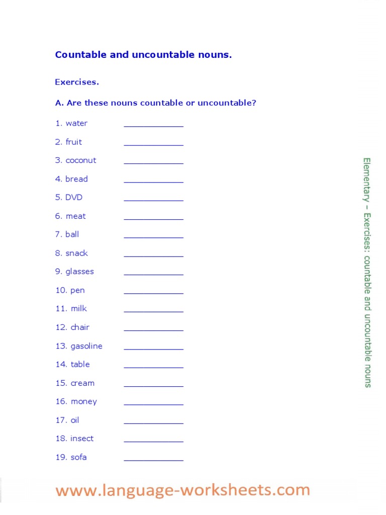 Elementary Count Able and Uncountable Nouns Exercises | Noun | Foods