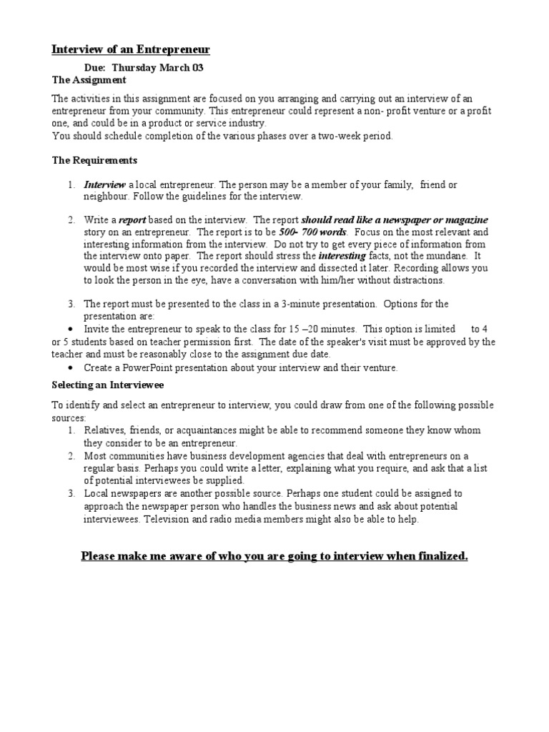 Entrepreneur Interview Assignment Guide | PDF | Interview ...