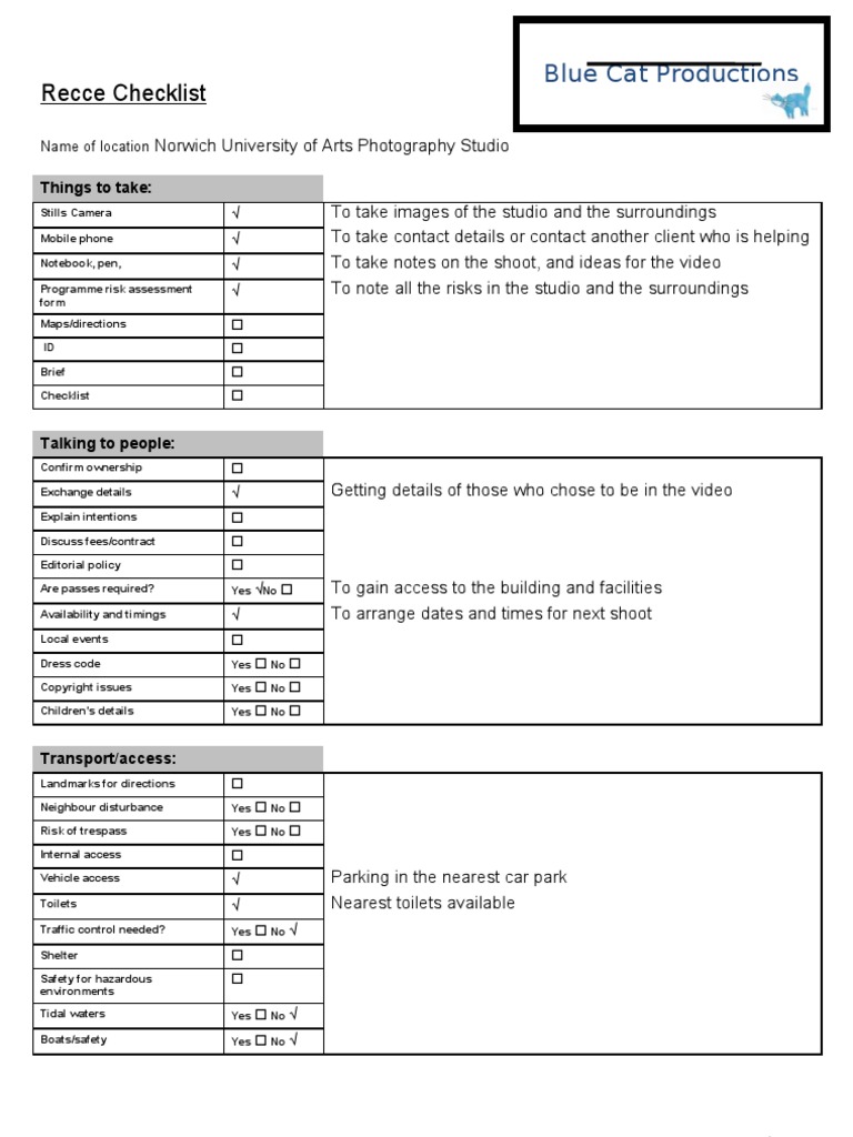 Recce Checklist: Blue Cat Productions | PDF
