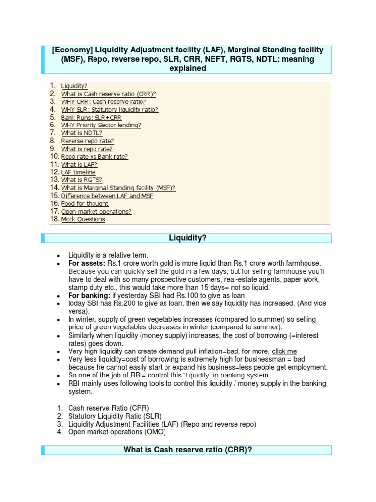 Liquidity Adjustment Facility PDF Repurchase Agreement Open