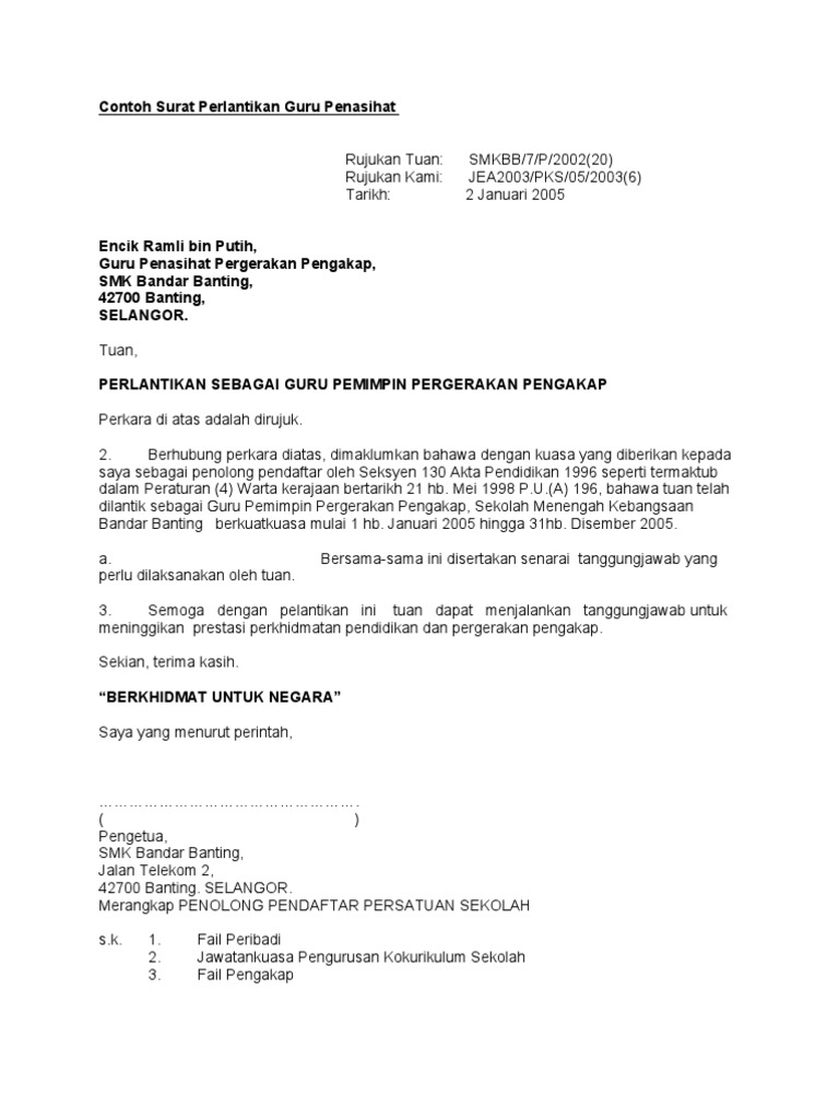 Contoh Surat Perlantikan Guru Penasihat Pdf