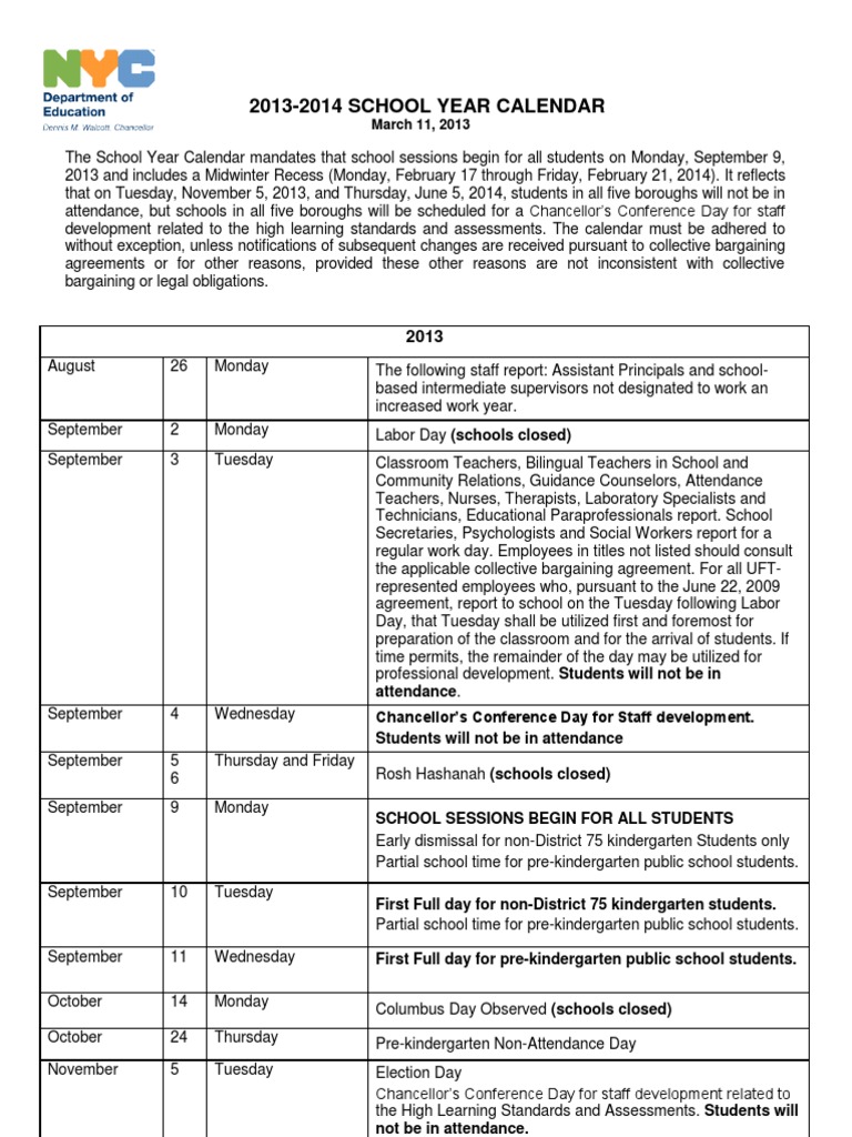 2013 - 2014 NYC School Year Calendar | PDF | Secondary School | Regents  Examinations