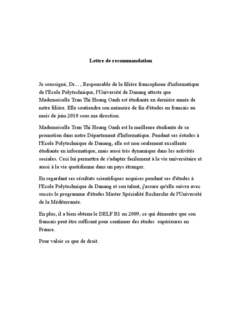 Exemple De Lettre De Recommandation Pour Une Bourse D Etude