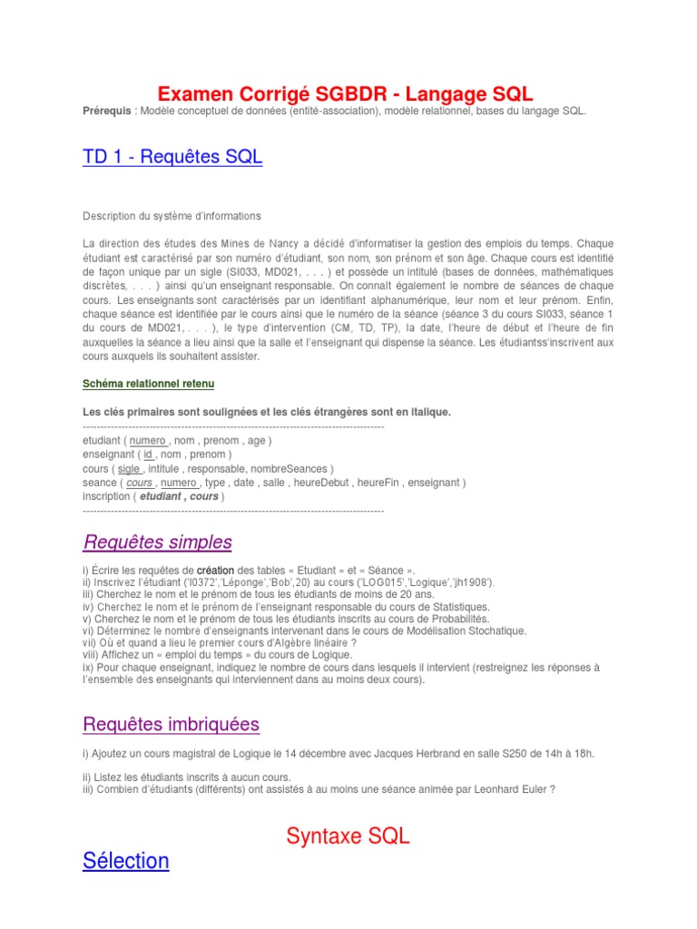 Examen Corrigé SQL et SGBDR | PDF | Base de données relationnelle | SQL