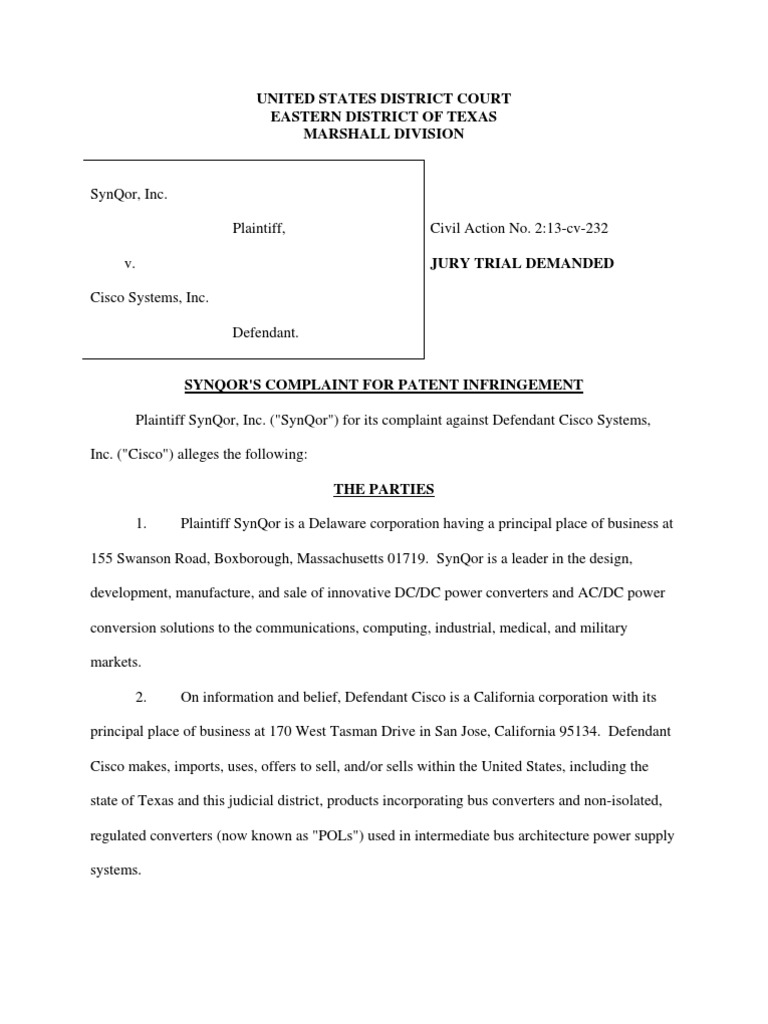 SynQor v. Cisco Systems PDF Patent Infringement United States