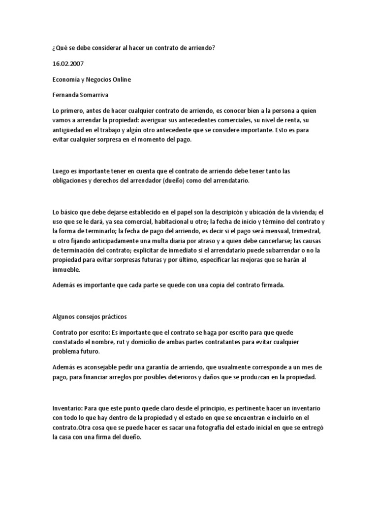 Qué se debe considerar al hacer un contrato de arriendo  