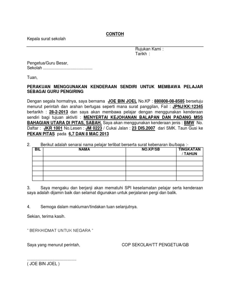 Contoh Surat Kebenaran Penggunaan Kenderaan Pdf
