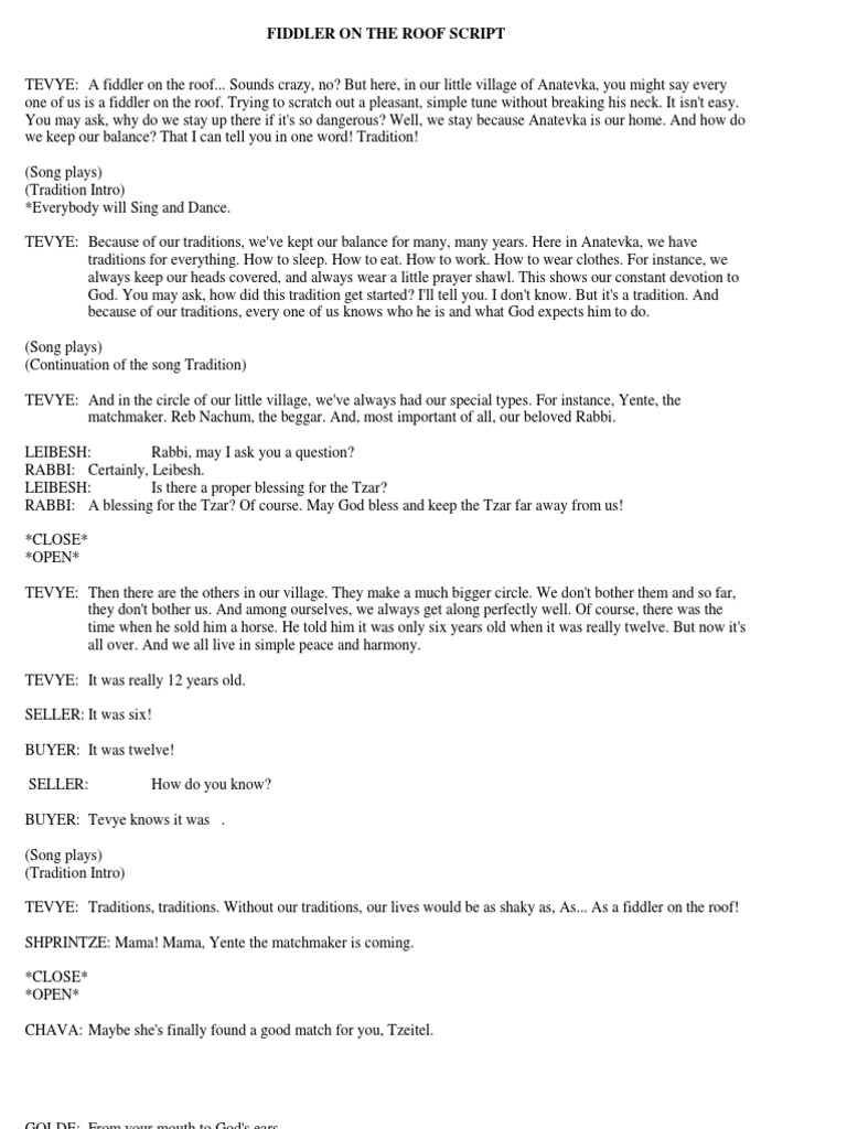 Fiddler on the Roof Script Shabbat