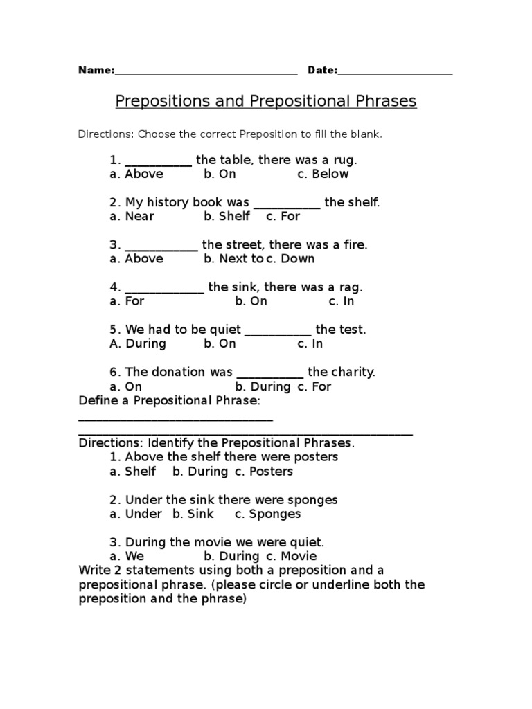 Prepositions Prepositional Phrases Worksheets