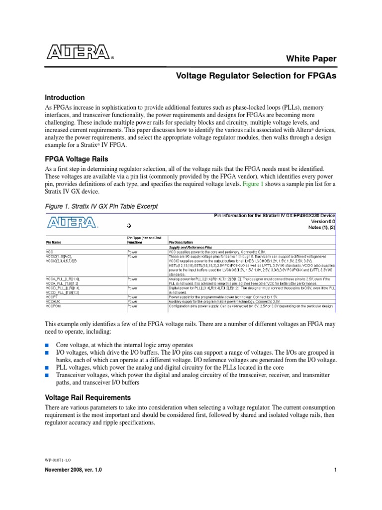 Altera Voltage Regulator Selection For FPGAs | PDF