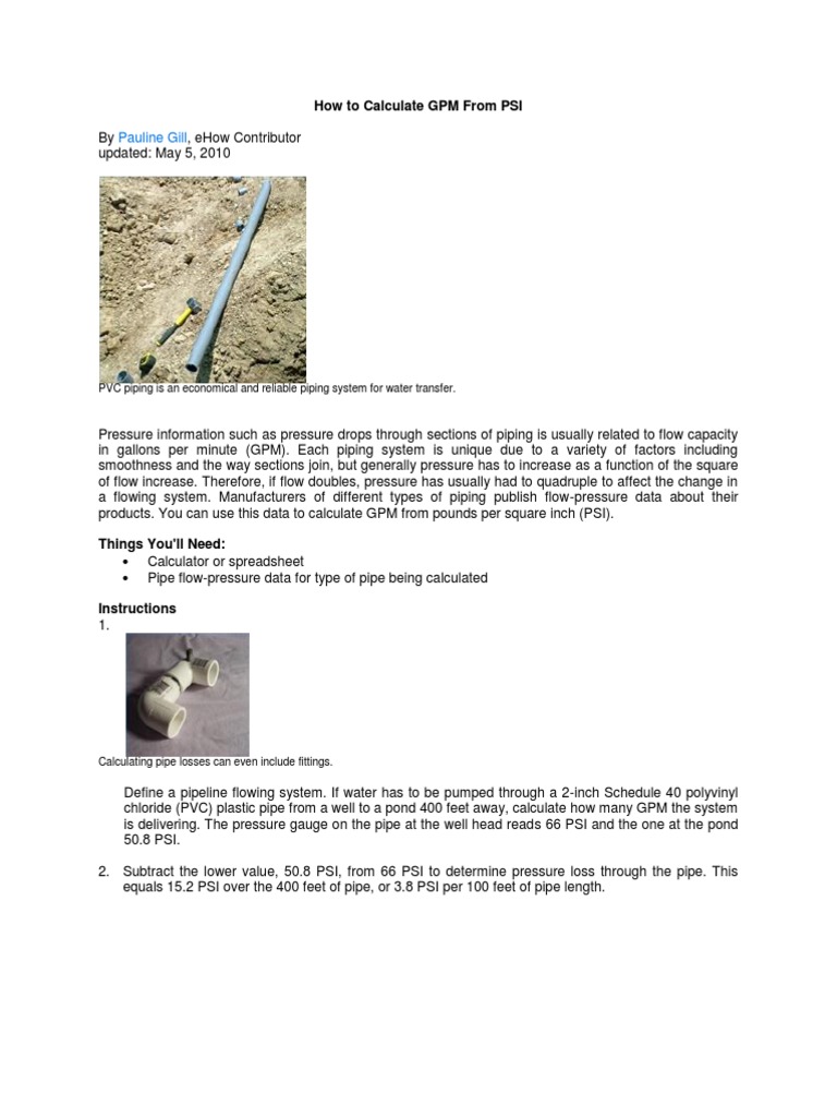 How to Calculate GPM From PSI Gallon Pipe (Fluid Conveyance)