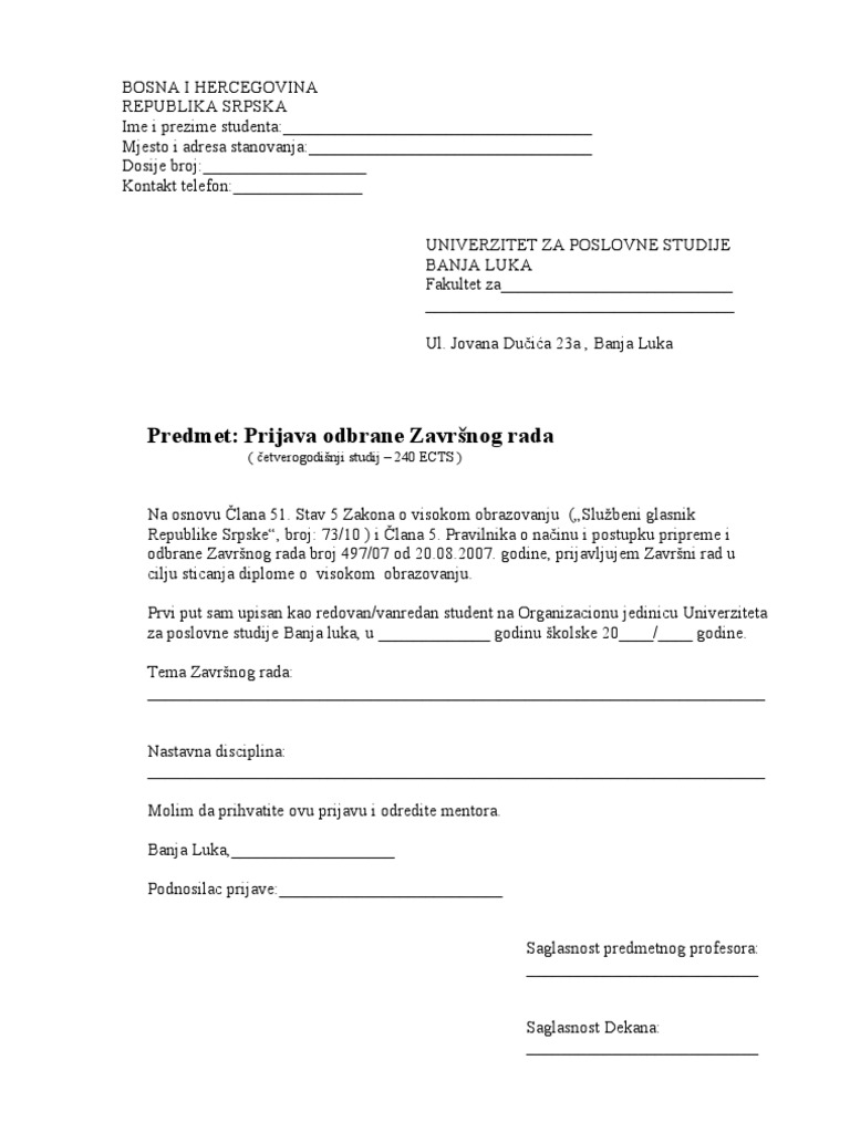Prijava Za Zavrsni Rad | PDF