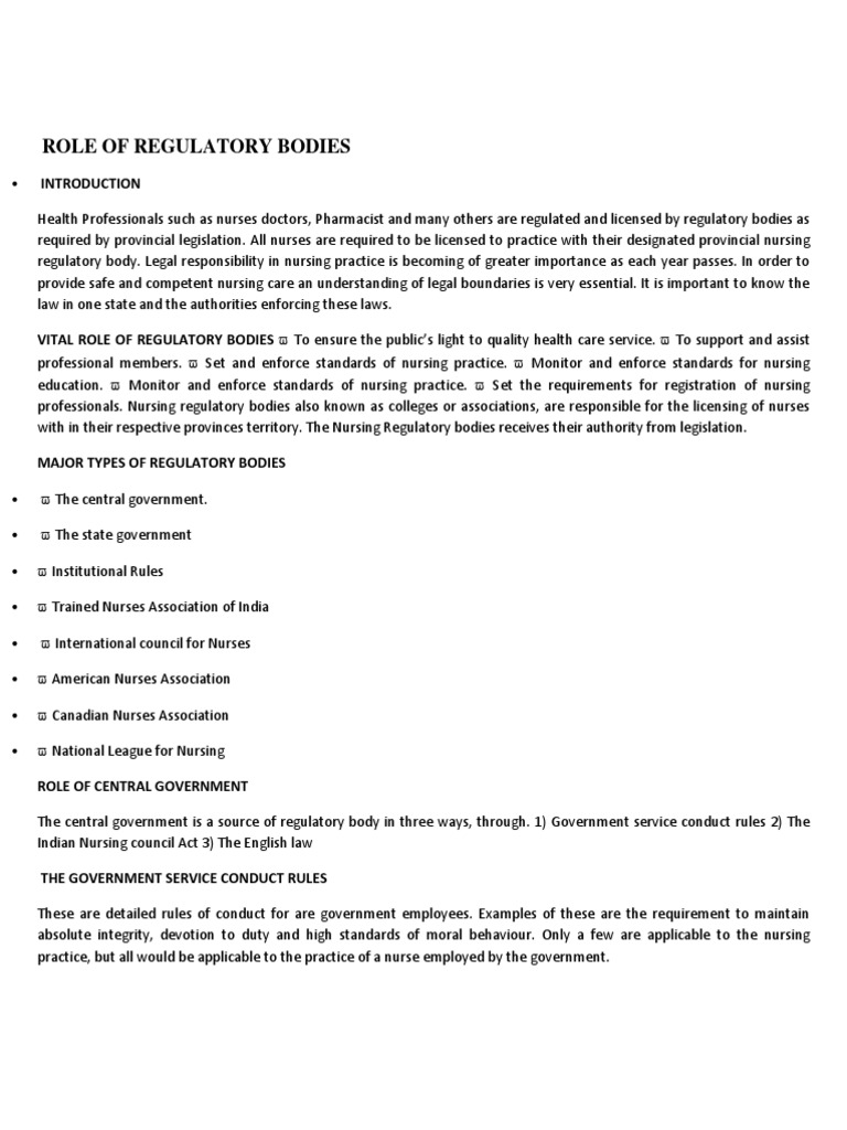 Role of Regulatory Bodies Nursing Health Care