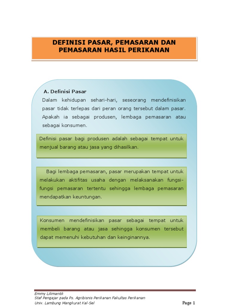 Definisi Pasar Pemasaran Dan Pemasaran Hasil Perikanan