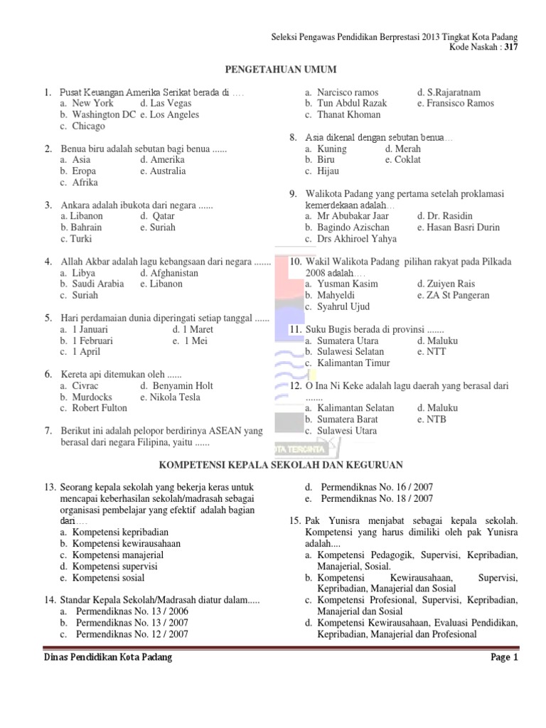 Soal Tes Kepsek Berprestasi