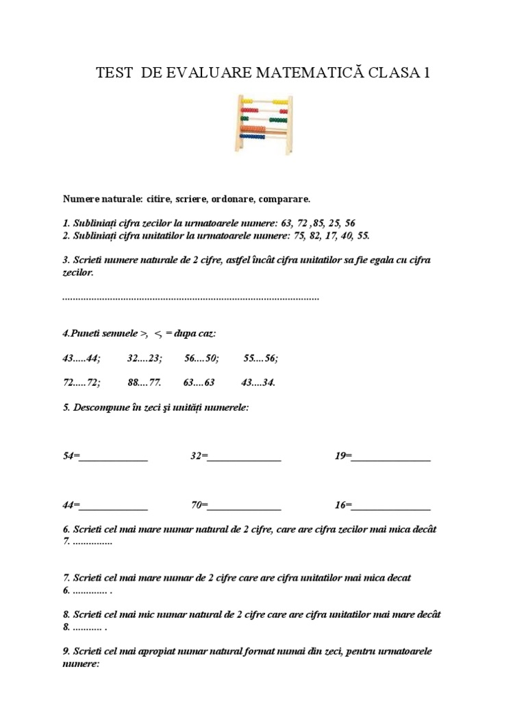 Test de Evaluare Matematica Clasa 1 | PDF
