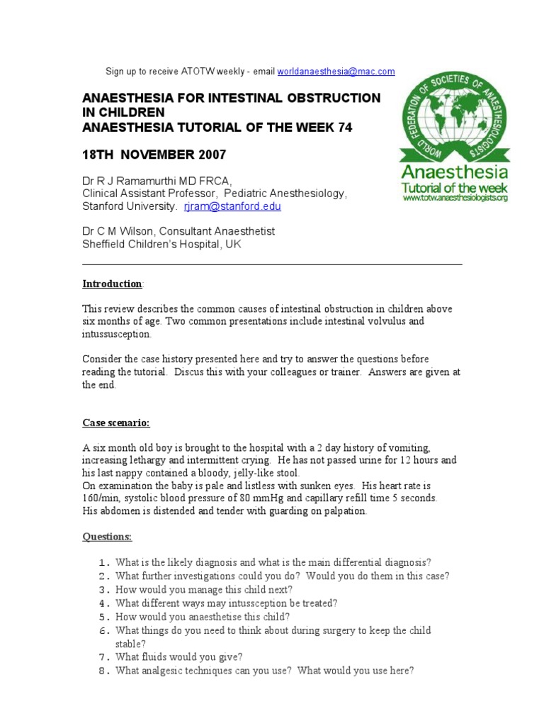 Worksheets Pediatric Anesthesia Worksheet 74 anaesthesia for intestinal obstruction in children 1 anesthesia wellness