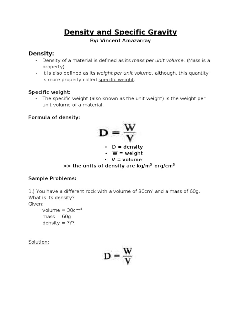 Density and Specific Gravity Explained | PDF | Teaching Methods ...