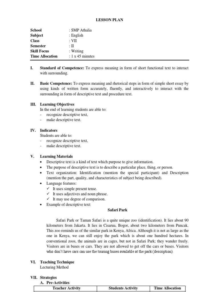 Lesson Plan Descriptive Text Zoo Adjective