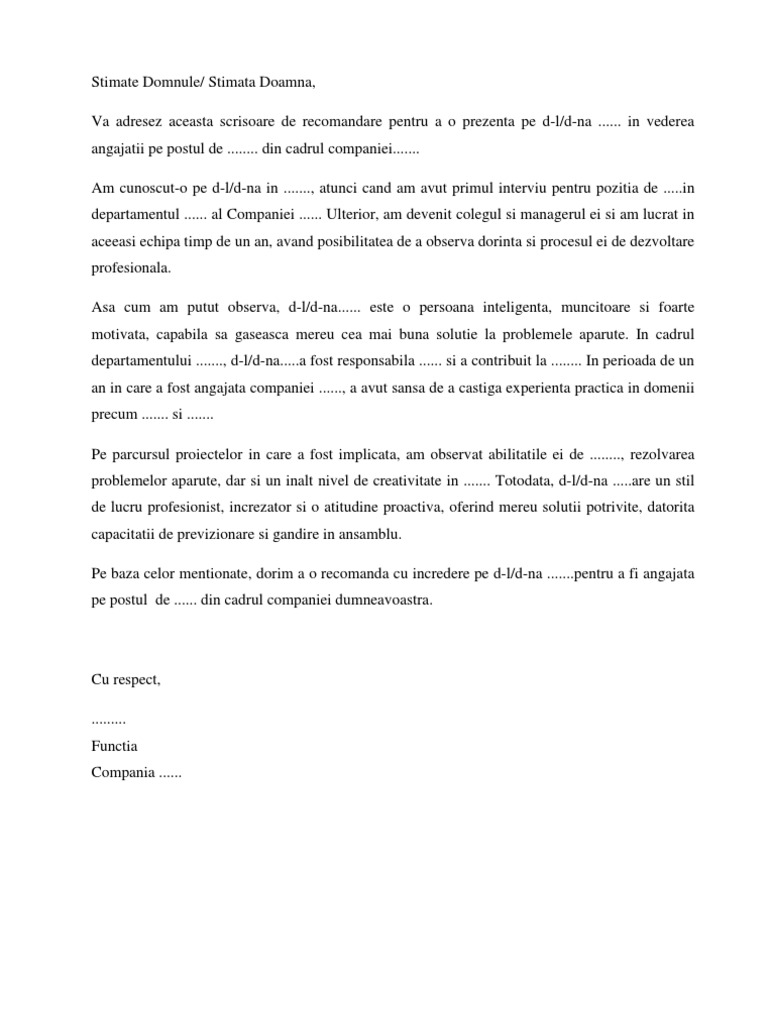 Model Scrisoare de Recomandare