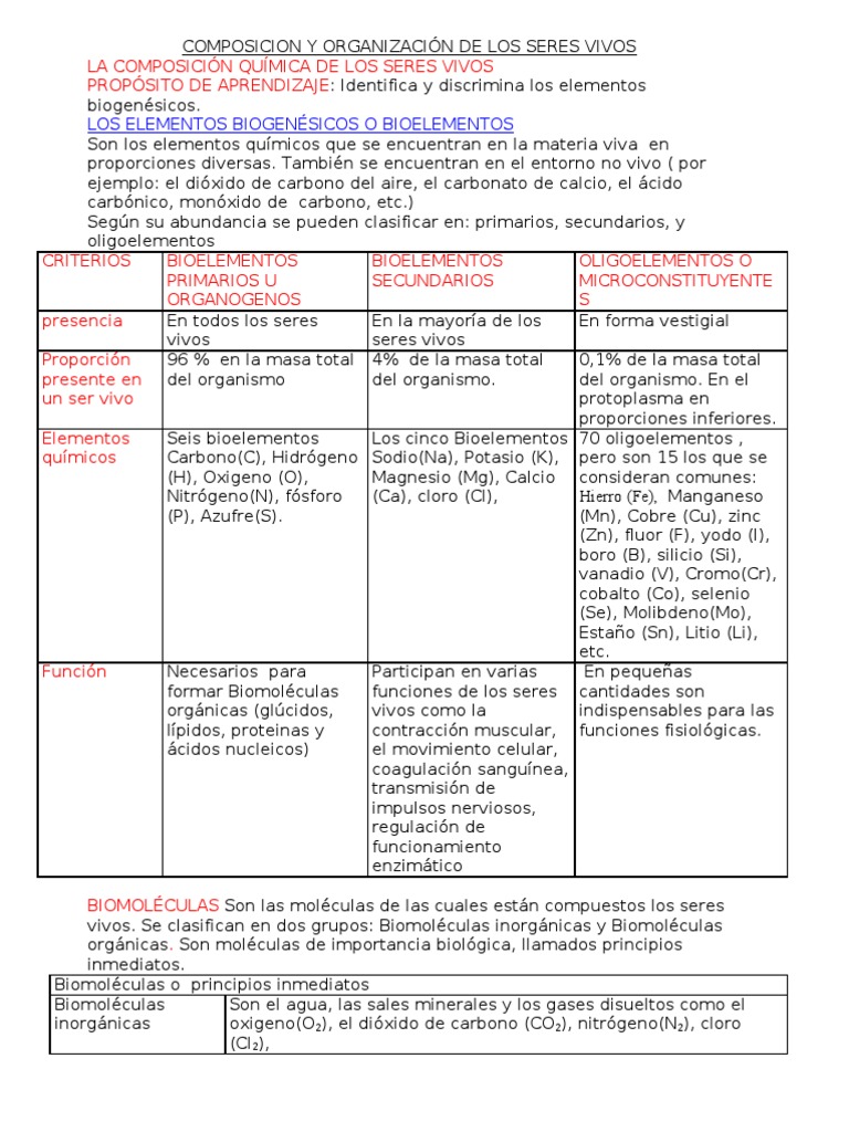 Composicion y Organización de Los Seres Vivos | PDF | Biomoléculas ...