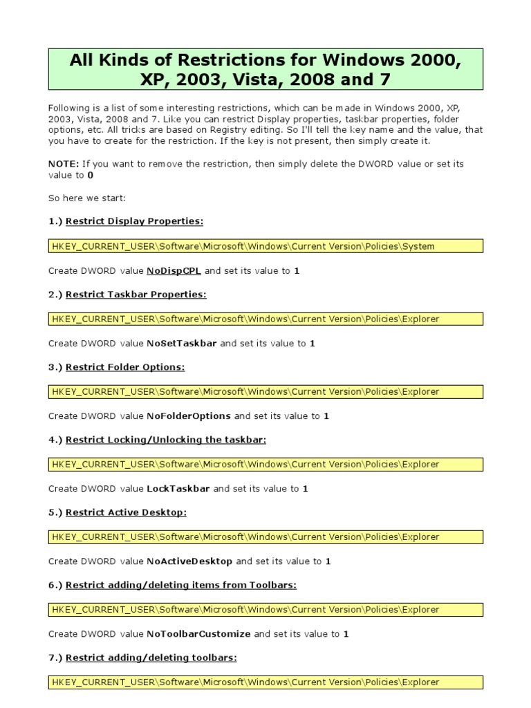 All Kinds of Restrictions for All Windows Microsoft Windows Windows