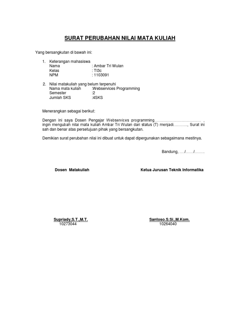 Surat Perubahan Nilai Mata Kuliah
