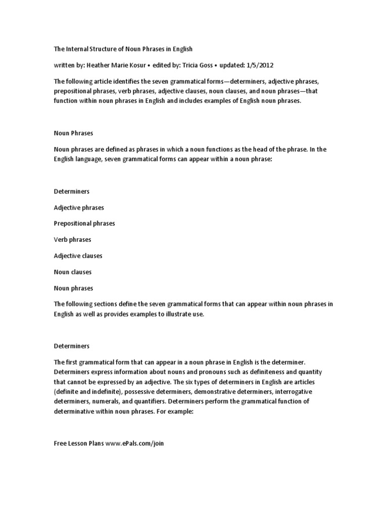 Internal Structure of Noun Phrases | PDF | Adjective | Preposition And ...