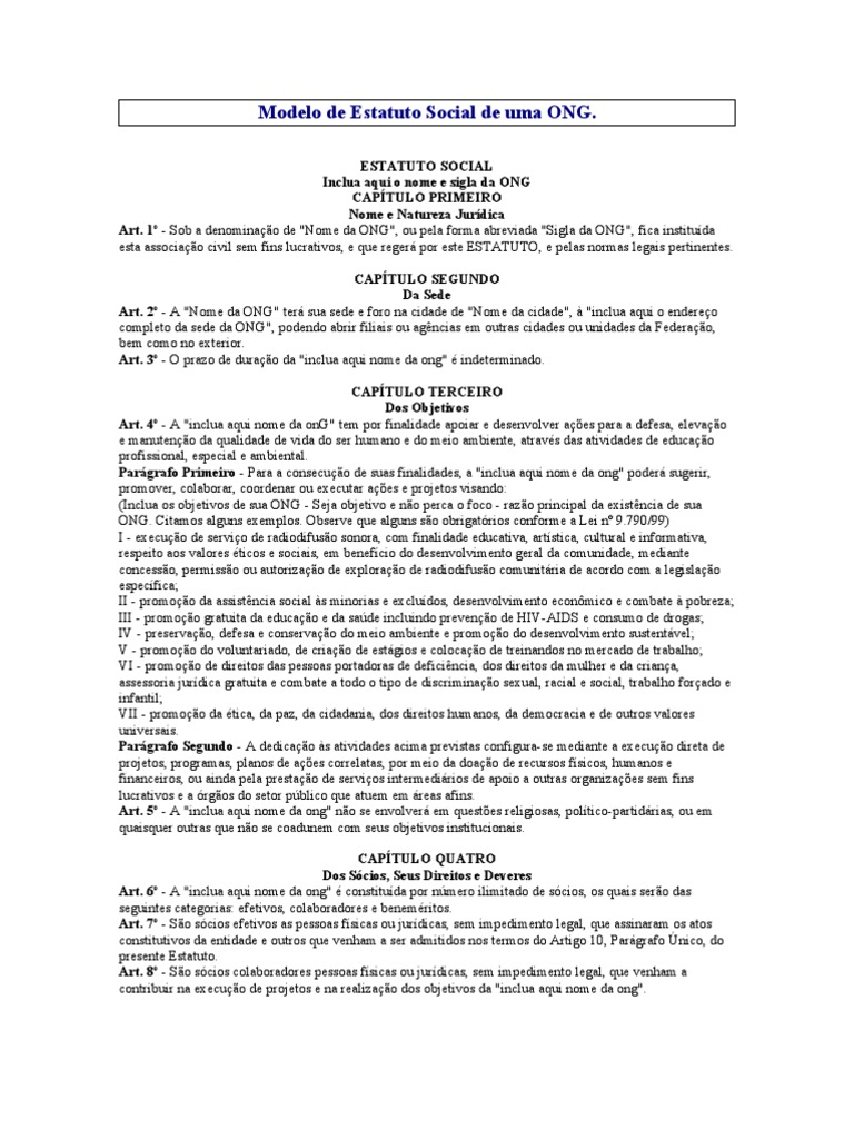 modeloestatutoong.doc Organização NãoGovernamental Conselho de Segurança das Nações Unidas