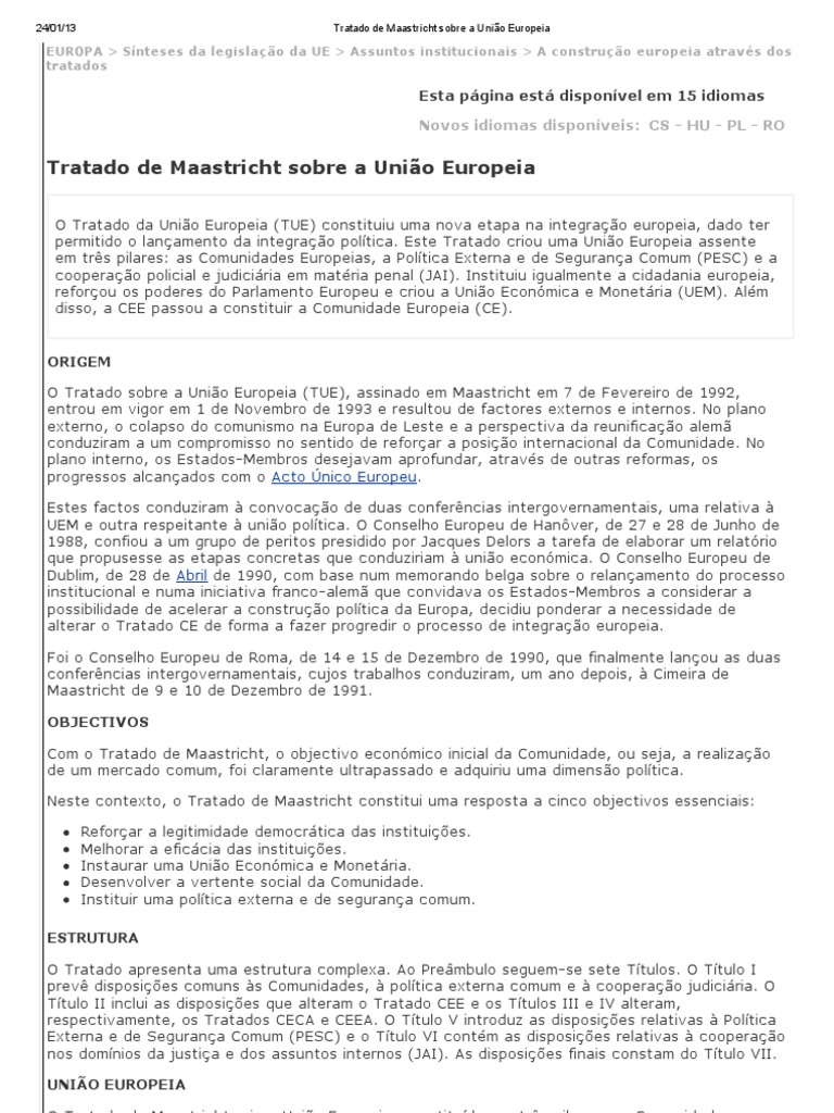 Tratado de Maastricht sobre a União Europeia Banco Central Europeu Tratado de Maastricht