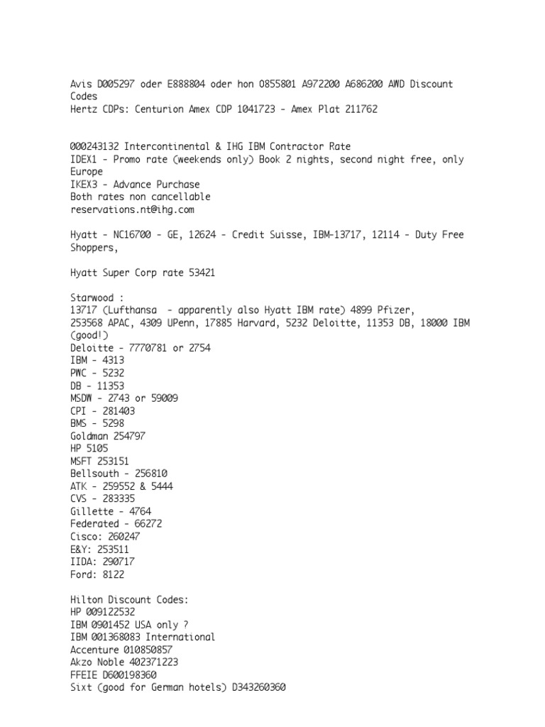 Hotel Corporate Codes