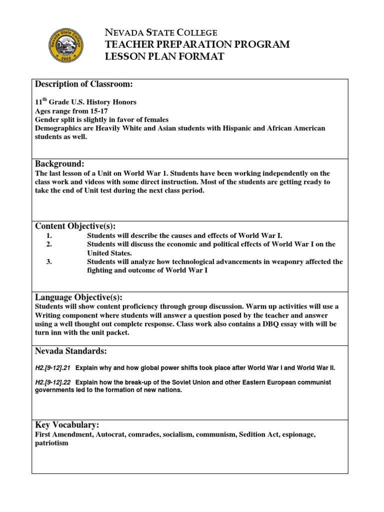 WW1 Lesson Plan PDF Educational Assessment Lesson Plan